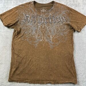Affliction Shirt‎ Mens XL Brown Live Fast Angel Wings Crest Grunge Shield Biker
